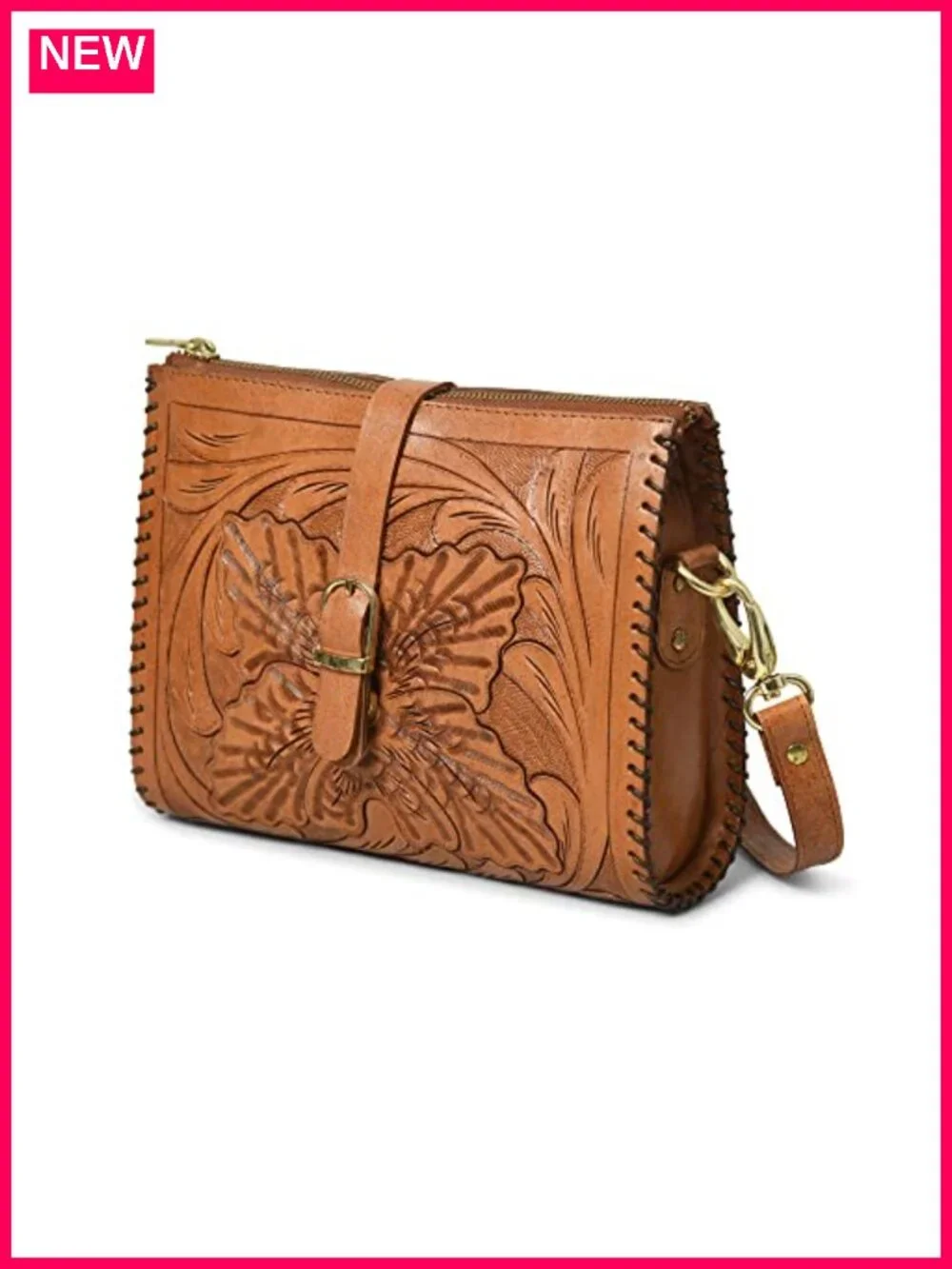 Genuine Leather Crossbody Sling Bag Hand-Tooled Floral Carving Purse